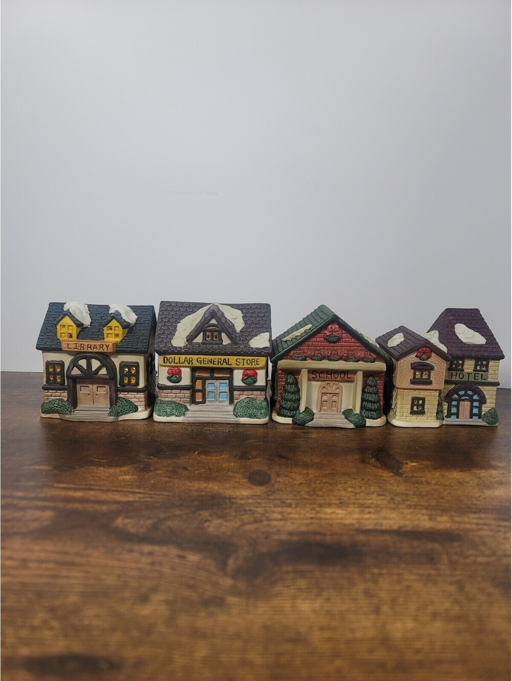 Set Of 4 Vintage Porcelain Miniature Christmas Village House Tea Light Holders